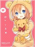  1girl animal_costume bear bear_costume blue_eyes heart kousaka_honoka love_live!_school_idol_project orange_hair sakuramochi_n spoken_heart stuffed_animal stuffed_toy 