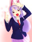  1girl animal_ears arms_up blazer breasts bunny_tail collared_shirt cowboy_shot highres kameyan long_hair looking_at_viewer necktie open_mouth pointing purple_hair rabbit_ears red_eyes reisen_udongein_inaba skirt solo tail touhou 