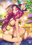  arm_support barefoot beach bikini bracelet breasts fireworks flower green_eyes hair_flower hair_ornament hat jewelry large_breasts long_hair looking_back ocean palm_tree purple_hair qurare_magic_library sky smile solo_focus swimsuit tattoo tramp_stamp tree 