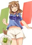  1girl 2014_fifa_world_cup :d animal_ears ball blush brown_eyes brown_hair fernandia_malvezzi flag fox_ears from_above glastonbury1966 italian_flag italy long_hair looking_at_viewer navel open_mouth shirt short_sleeves shorts smile soccer_ball soccer_uniform solo sportswear strike_witches world_cup 