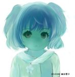  1girl :&lt; alternate_costume alternate_eye_color blue_hair brown_eyes bust dated eyelashes flower kawashiro_nitori looking_at_viewer no_hat no_headwear pajamas short_hair short_twintails simple_background solo touhou twintails white_background 