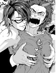  2boys black_hair blush breast_grab fangs glasses greyscale grin heart hug hug_from_behind kamen_rider kamen_rider_den-o_(series) long_hair male momotaros monochrome multicolored_hair multiple_boys smile spiky_hair sweat tank_top unko_yoshida urataros yaoi 