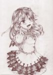  1girl bow directional_arrow dress graphite_(medium) horns kijin_seija long_hair monochrome multicolored_hair myo-gateien open_mouth sketch smile solo tongue tongue_out touhou traditional_media 