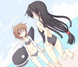  2girls bikini black_hair brown_eyes brown_hair competition_swimsuit female hatsushimo_(kantai_collection) ichidai_taisa kantai_collection long_hair multiple_girls one-piece_swimsuit red_eyes short_hair swimsuit wakaba_(kantai_collection) 