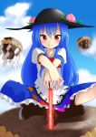  1girl blouse blue_hair blush boots bowtie clouds crossed_legs food fruit full_body hands_on_hilt hands_together hat highres hinanawi_tenshi indian_style kameyan keystone long_hair peach pillar red_eyes rope shimenawa sitting skirt sky smile solo sword_of_hisou touhou 