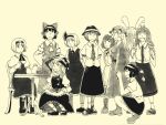  6+girls alice_margatroid animal_ears apron ascot bell blazer bow braid camera capelet checkered cup detached_sleeves dress frog frog_hair_ornament gohei green_hair hair_bell hair_bow hair_ornament hair_tubes hairband hakurei_reimu hat kirisame_marisa kochiya_sanae konpaku_youmu long_hair maribel_hearn maruhachi_(maruhachi_record) monochrome motoori_kosuzu multiple_girls mushroom necktie open_mouth pointy_ears rabbit_ears reisen_udongein_inaba ribbon shameimaru_aya short_hair skirt smile snake snake_hair_ornament squatting teacup teapot tokin_hat touhou twintails usami_renko witch_hat 