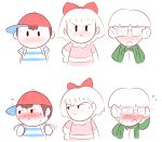  1girl 2boys angry baseball_cap blush embarrassed flying_sweatdrops glasses hat jeff_andonuts mother_(game) mother_2 mr._cake multiple_boys ness paula_polestar short_hair simple_background sweat white_background 