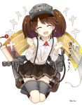  1girl :d ^_^ amagai_tarou artist_name blush brown_hair closed_eyes happy highres kantai_collection long_hair open_mouth ryuujou_(kantai_collection) scroll skirt smile solo suspenders twintails visor_cap 