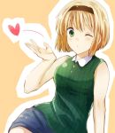  1girl ;) blonde_hair blown_kiss breasts green_eyes hairband hosokawa_miki jigoku_sensei_nube matcha_(3o1ospringtime) miniskirt one_eye_closed skirt sleeveless smile solo vertical_stripes 