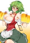  1girl alcohol alternate_costume aoi_manabu beer beer_mug bespectacled blush breasts cleavage glasses green_hair kazami_yuuka large_breasts looking_at_viewer open_mouth pantylines red-framed_glasses red_eyes semi-rimless_glasses short_hair skirt smile solo touhou under-rim_glasses 