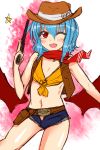  1girl alternate_costume arms_at_sides bare_shoulders bat_wings blue_hair breasts cleavage cowboy_hat crop_top denim denim_shorts front-tie_top gun hat highres looking_at_viewer midriff one_eye_closed red_eyes remilia_scarlet revolver roki_(hirokix) short_hair shorts sketch slit_pupils small_breasts solo touhou weapon western wings 