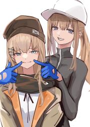  2girls absurdres baseball_cap black_bodysuit black_jacket black_scarf blonde_hair blue_eyes blue_gloves bodysuit breasts brown_hat brown_jacket closed_mouth commentary girls_frontline gloves hair_ribbon hands_on_another's_cheeks hands_on_another's_face hat highres jacket lithographica long_hair long_sleeves looking_at_viewer multiple_girls open_mouth ribbon scar-h_(girls'_frontline) scar-l_(girls'_frontline) scarf shirt side_ponytail sidelocks simple_background smile standing teeth upper_body white_background white_shirt 