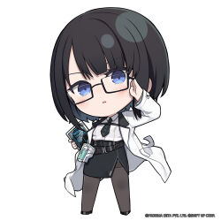  1girl adjusting_eyewear belt black-framed_eyewear black_belt black_footwear black_hair black_necktie black_skirt blue_eyes blunt_bangs blush breasts chibi coat commentary english_commentary full_body glasses goddess_of_victory:_nikke gradient_hair highres holding holding_tablet_pc lab_coat long_sleeves looking_at_viewer mana_(nikke) medium_breasts medium_hair multicolored_hair necktie no_nose official_art pantyhose parted_lips semi-rimless_eyewear shirt skirt solo standing tablet_pc thighband_pantyhose totatokeke two-tone_necktie white_coat white_shirt 