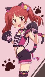  1girl animal_ears animal_hands armpits bell black_choker black_shorts blush cat_ears cat_paws cat_tail choker dot_nose earrings eyelashes fake_animal_ears fake_tail fang flat_chest from_side gloves idolmaster idolmaster_cinderella_girls idolmaster_cinderella_girls_starlight_stage jewelry kok lace-trimmed_thighhighs lace_trim long_hair looking_at_viewer looking_to_the_side midriff neck_bell paw_gloves paw_print paw_print_background pink_background pink_eyes pink_ribbon red_hair ribbon shiina_noriko shirt shorts sidelocks skin_fang sleeveless sleeveless_shirt solo tail thigh-highs twintails 