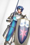  1boy blue_eyes blue_hair knight lvl_(sentrythe2310) my_little_pony my_little_pony_friendship_is_magic personification shield shining_armor short_hair solo sword weapon 