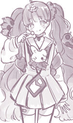  +_- absurdres candy food greyscale hair_ornament highres magical_girl mahou_shoujo_ikusei_keikaku mahou_shoujo_ikusei_keikaku_aces monochrome nakano_sorami sakura_mochi_(kanade-8961-uriuri) school_uniform smile stuffed_toy thigh-highs twintails white_background white_thighhighs 