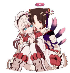  2girls black_hair blonde_hair blue_eyes clantail dress flower_ornament frilled_dress frills highres horns hug japanese_clothes magical_girl mahou_shoujo_ikusei_keikaku mahou_shoujo_ikusei_keikaku_restart multiple_girls pechika_(mahoiku) red_eyes sakura_mochi_(kanade-8961-uriuri) short_hair snake_tail tail white_background 