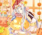  1girl animal_ears blue_eyes blue_hair candy cat_ears cat_tail detached_sleeves fangs halloween hatsune_miku jack-o&#039;-lantern lollipop long_hair looking_at_viewer manako_(manatera) sitting smile solo tail twintails very_long_hair vocaloid 