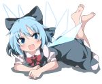  1girl barefoot blue_dress blue_eyes blue_hair blush bow cirno do_(4-rt) dress fang hair_bow highres ice ice_wings legs_up lying on_stomach open_mouth puffy_cheeks puffy_short_sleeves puffy_sleeves shirt short_sleeves smile solo touhou wings 