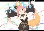  1girl animal_ears bare_shoulders breasts caster_(fate/extra) cleavage detached_sleeves fate/extra fate/extra_ccc fate_(series) fox_ears fox_tail hair_ribbon kurikara pink_hair ribbon solo tail twintails yellow_eyes 