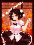 1girl autumn_leaves belt bespectacled black_hair breasts fan feathers frame glasses hat hat_ribbon highres large_breasts looking_at_viewer pointy_ears puffy_short_sleeves puffy_sleeves pyonsuke0141 red_eyes ribbon shameimaru_aya shirt short_sleeves skirt smile solo tokin_hat touhou 