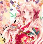  1girl animal_ears ball blonde_hair blush bow brown_eyes bust cat_ears detached_sleeves floral_print hair_bow japanese_clothes kimono long_hair looking_at_viewer nanase_nao original smile solo very_long_hair wide_sleeves 