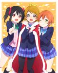  3girls black_hair bow brown_hair cape crown hair_bow hoshizora_rin koizumi_hanayo love_live!_school_idol_project multiple_girls one_eye_closed open_mouth orange_hair pantyhose red_eyes school_uniform sekina short_hair smile twintails violet_eyes yazawa_nico yellow_eyes 