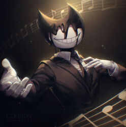  1boy bendy bendy_and_the_ink_machine black_background black_jacket collared_shirt commentary_request czerwonya demon english_commentary facing_viewer foreshortening gloves grin hand_on_own_chest highres horns ink jacket lapels layered_sleeves long_sleeves male_focus mixed-language_commentary musical_note notched_lapels reaching reaching_towards_viewer shirt simple_background smile solo sparkle staff_(music) upper_body white_gloves white_shirt 