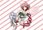  1girl angel angel_wings bare_shoulders between_breasts black_hair blush breasts chain cleavage collar collarbone food fruit gradient_hair green_eyes ikaros large_breasts long_hair looking_at_viewer mint_(cerbi) multicolored_hair pink_hair ribbon solo sora_no_otoshimono translation_request twintails watermelon wings 