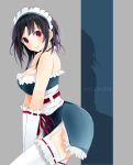  1girl adapted_costume alternate_costume beret black_hair breasts cleavage elbow_gloves enmaided from_side gloves hat highres kantai_collection large_breasts looking_at_viewer maid obi red_eyes sash short_hair takao_(kantai_collection) tbd11 