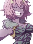  1girl boku_no_hero_academia closed_eyes fur_trim grin highres horns majimelon purple_hair smile 
