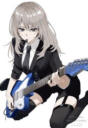  1girl absurdres black_footwear black_jacket black_necktie black_shorts black_thighhighs collared_shirt commentary ear_piercing earrings electric_guitar fender_jazzmaster fu_iwashibou garter_straps girls_band_cry grey_eyes grey_hair guitar hair_between_eyes hashtag-only_commentary highres instrument jacket jewelry kawaragi_momoka long_hair mouth_hold necktie piercing playing_guitar plectrum plectrum_in_mouth shirt shorts simple_background solo striped_necktie thigh-highs twitter_username white_background white_shirt 