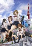  4girls badge bag black_hair blue_eyes braid brown_eyes brown_hair button_badge clouds earphones earphones glasses highres kneehighs multiple_girls noh_seong-min original school_uniform shared_earphones sitting skirt sky soda_can tokyo_tower twin_braids 