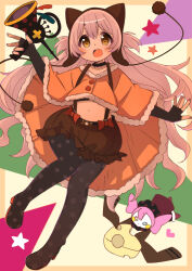  1girl animal_ear_headwear animal_ears beanie black_choker black_footwear black_gloves black_shirt boots border bow bow_skirt brown_eyes brown_hat brown_skirt bubble_gun bubble_skirt buttons capelet cat_ears charlotte_(madoka_magica) cheese choker crop_top dot_nose dual_persona earflap_beanie eating elbow_gloves eyelashes fake_animal_ears fingerless_gloves fingernails floating_clothes food frilled_skirt frills full_body fur-trimmed_capelet fur_choker fur_trim gloves gun hair_through_headwear happy hat heart holding holding_gun holding_weapon light_blush long_hair magical_girl mahou_shoujo_madoka_magica mahou_shoujo_madoka_magica:_hangyaku_no_monogatari midriff miniskirt momoe_nagisa navel open_mouth orange_border orange_bow orange_capelet outside_border polka_dot_footwear pom_pom_(clothes) ringed_eyes rubber_boots shirt skirt smile standing star_(symbol) suspender_skirt suspenders tareme teeth thigh_boots two_side_up upper_teeth_only urei-hibino very_long_hair weapon white_background white_hair witch_(madoka_magica) 