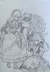  2girls alexandrina_sebastiane apron corin_wickes cuffs dress graphite_(medium) hair_ribbon handcuffs hatching_(texture) highres long_hair maid maid_apron multiple_girls ribbon saw sergent_magnom sketch smile traditional_media twintails weapon white_dress white_ribbon zenless_zone_zero 