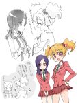  6+girls ? blazer blonde_hair eyelashes fresh_precure! hair_ornament happy higashi_setsuna long_hair momozono_love multiple_girls multiple_persona necktie open_mouth pink_eyes pink_skirt precure purple_hair red_eyes school_uniform shijima_(agkm) shirt short_hair simple_background sketch skirt smile translation_request twintails white_background 