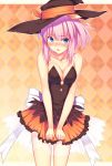  1girl :o argyle argyle_background bare_shoulders blue_eyes blush breasts cleavage flying_sweatdrops hat hat_ribbon kaiza_(rider000) looking_at_viewer original pink_hair ribbon short_hair skirt solo sweatdrop witch_hat 