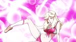  1girl animated ass blonde_hair boobies_uniform breasts cleavage front-tie_top hairband honey_(space_dandy) long_hair looking_at_viewer lowres midriff navel red_eyes short_shorts shorts smile solo space_dandy 