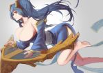  1girl bare_shoulders blue_eyes blue_hair bow breasts cleavage detached_sleeves dress from_side hair_bow instrument large_breasts league_of_legends long_hair looking_at_viewer off_shoulder short_dress side_slit sky_of_morika smile solo sona_buvelle twintails very_long_hair 