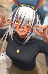  1girl animal_ears black_hair black_sweater blurry blurry_background blush bra bra_visible_through_clothes breasts bright_pupils brown_pants casual fate/grand_order fate_(series) glasses hair_between_eyes hat heart highres holding holding_removed_eyewear jewelry leaning_forward long_sleeves medium_breasts medjed_(fate) multicolored_hair nitocris_(fate) nitocris_alter_(fate) one_eye_closed orange_eyes pants particle_sfs pendant red-framed_eyewear sidelocks streaked_hair sweater tongue tongue_out underwear unworn_eyewear white_bra white_hair 