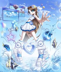  b0throps baggy_socks blue_nails brown_hair bubble clover_hair_ornament crop_top cyber_fashion fish frutiger_aero hair_ornament highres long_hair oversized_footwear oversized_shoes skirt unjust_jewelry 