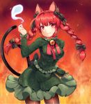  1girl :3 animal_ears bell bell_collar black_legwear bow braid breasts cat_ears cat_tail collar cowboy_shot dress fang_out fiery_background fire green_dress hair_bow highres hitodama kaenbyou_rin long_sleeves looking_at_viewer multiple_tails pantyhose papo red_eyes redhead signature solo tail touhou twin_braids two_tails 