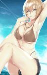 1girl arm_up armpits aya_brea bikini bikini_top blonde_hair blue_eyes breasts finger_to_mouth hews_hack jewelry looking_at_viewer necklace o-ring_bikini o-ring_top parasite_eve short_hair short_shorts shorts sitting sky smile solo swimsuit wet 