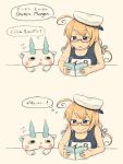  1girl blonde_hair book crossover eyebrows flying_sweatdrops german glasses hat hitodama i-8_(kantai_collection) kantai_collection koma-san reading red-framed_glasses school_swimsuit smile swimsuit thought_bubble translated trembling wojaru_(zip_de) youkai_watch 