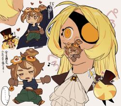  ... 2girls @_@ archived_source arm_up ascot belt black_shirt blonde_hair blush brown_belt brown_footwear brown_gloves brown_hair brown_vest chewing chibi closed_eyes clueless cookie_run cookie_run:_ovenbreak croissant_cookie dayama eyelashes eyepatch furrowed_brow gloves goggles goggles_on_head green_pants hat heart holding holding_chibi holding_polearm holding_weapon humanization long_hair looking_at_another looking_down lowered_eyelids moaning multicolored_hair multiple_girls no_nose open_mouth orange_eyes pants polearm ponytail selfcest shirt sleeveless sleeveless_shirt smile spear speech_bubble spread_legs streaked_hair surprised timekeeper_cookie top_hat vest weapon yuri 