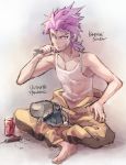  1boy barefoot braid clothes_around_waist dangan_ronpa gebyy-terar jumpsuit long_hair pink_eyes pink_hair robot screwdriver side_braid sitting solo souda_kazuichi spanner super_dangan_ronpa_2 tank_top 