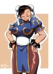  1girl bracelet chinese_clothes chun-li closed_eyes hair_bun jewelry lowres pantyhose spiked_bracelet spikes street_fighter zeshgolden 