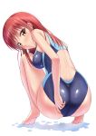  1girl adjusting_clothes adjusting_swimsuit ass back_cutout bare_legs barefoot blush competition_swimsuit from_behind highres impossible_clothes impossible_swimsuit long_hair looking_at_viewer one-piece_swimsuit original redhead solo squatting swimsuit takuya_kame wet white_background yellow_eyes 