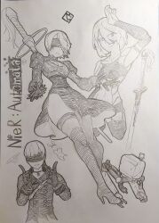  9s_(nier:automata) a2_(nier:automata) ass black_blindfold black_dress black_gloves black_hairband blindfold breasts covered_eyes dress feather-trimmed_sleeves feather_trim game_console gloves hairband highres juliet_sleeves leotard long_sleeves mole mole_under_mouth nier:automata nier_(series) no_blindfold playstation_4 pod_(nier:automata) puffy_sleeves sergent_magnom short_hair square_enix weapon white_hair xbox_one 