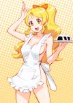  1girl apron blonde_hair bow breasts brown_eyes clover cure_honey earrings food hair_bow happinesscharge_precure! jewelry long_hair naked_apron onigiri oomori_yuuko precure sideboob smile solo tray ueyama_michirou 